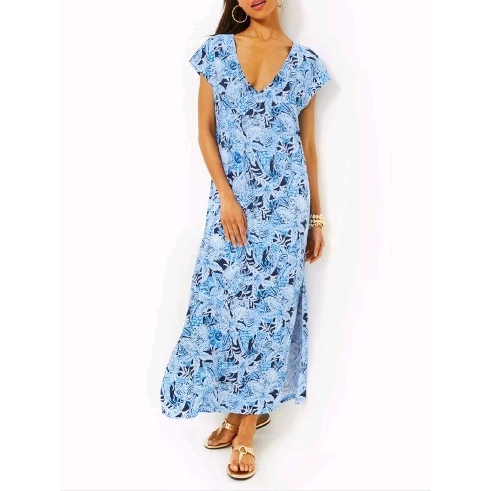 Lily Pulitzer Blue Talli V Neck Side Slits Maxi Dress Cover Up XL Coastal